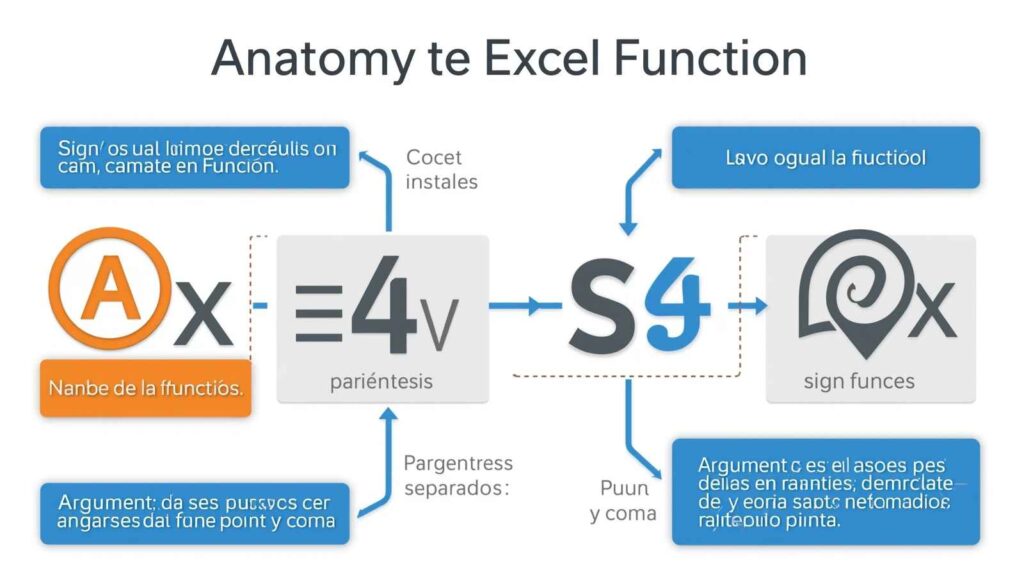 Diagrama explicando la estructura de una función de Excel: signo igual, nombre, paréntesis y argumentos