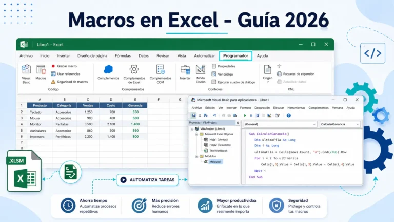 Captura de pantalla mostrando macros en Excel con editor VBA y pestaña Programador abierta para automatizar tareas en 2026 Title: Macros en Excel - Guía completa 2026