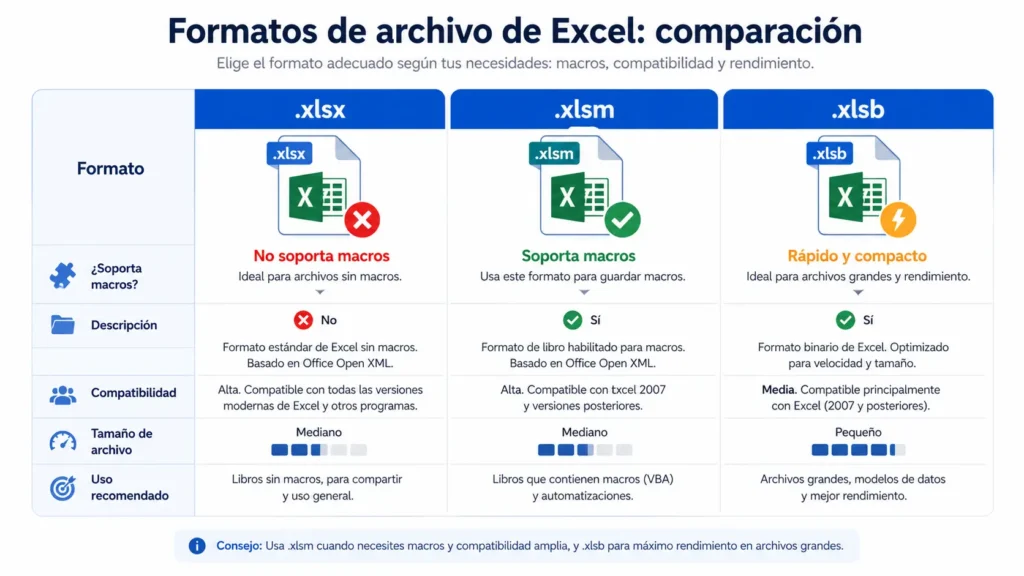 Tabla visual comparando archivos xlsx xlsm y xlsb para guardar macros en Excel correctamente