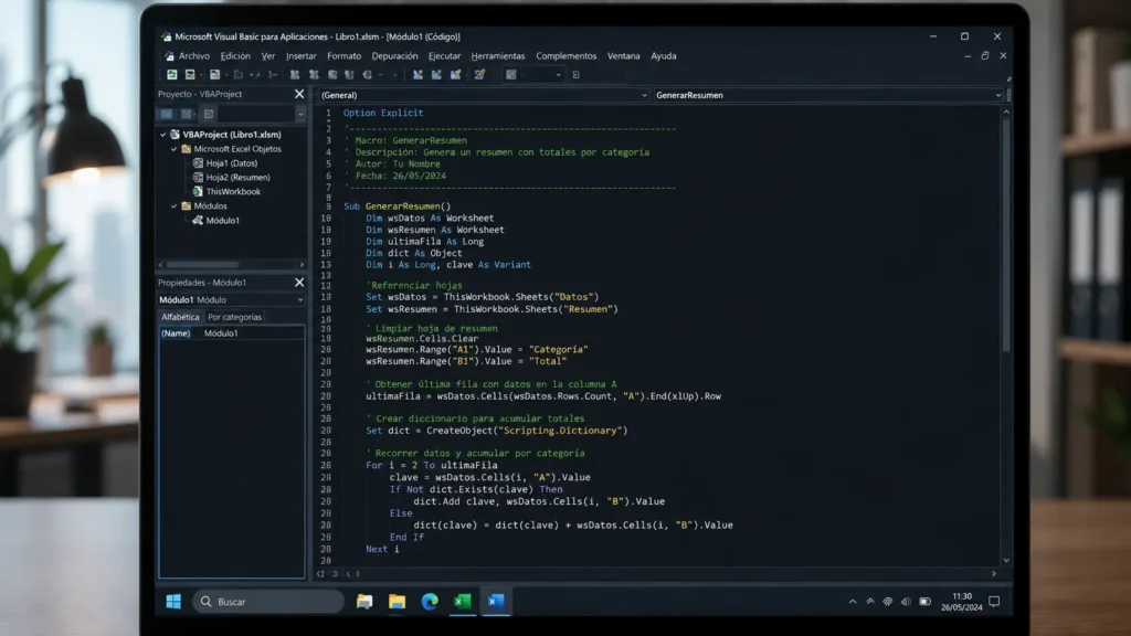 Ejemplo de código VBA en el editor de macros de Excel para automatizar tareas en español