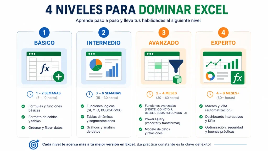 Infografía con los 4 niveles del curso de Excel: básico, intermedio, avanzado y experto con tiempos estimados