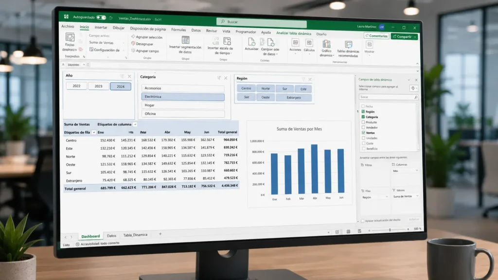 Tabla dinámica de Excel con dashboard de ventas y segmentadores (slicers) en pantalla