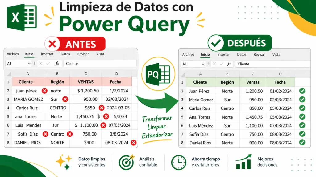 Los Mejores Cursos de Excel en 2026: Guía Paso a Paso para Elegir (con Plantilla Gratis) 4 limpiar datos con Power Query antes y después