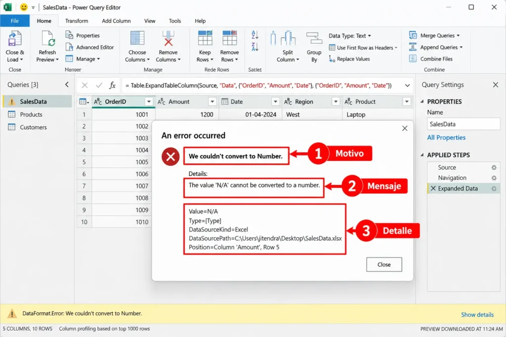 Las tres partes de un mensaje de error en Power Query explicadas