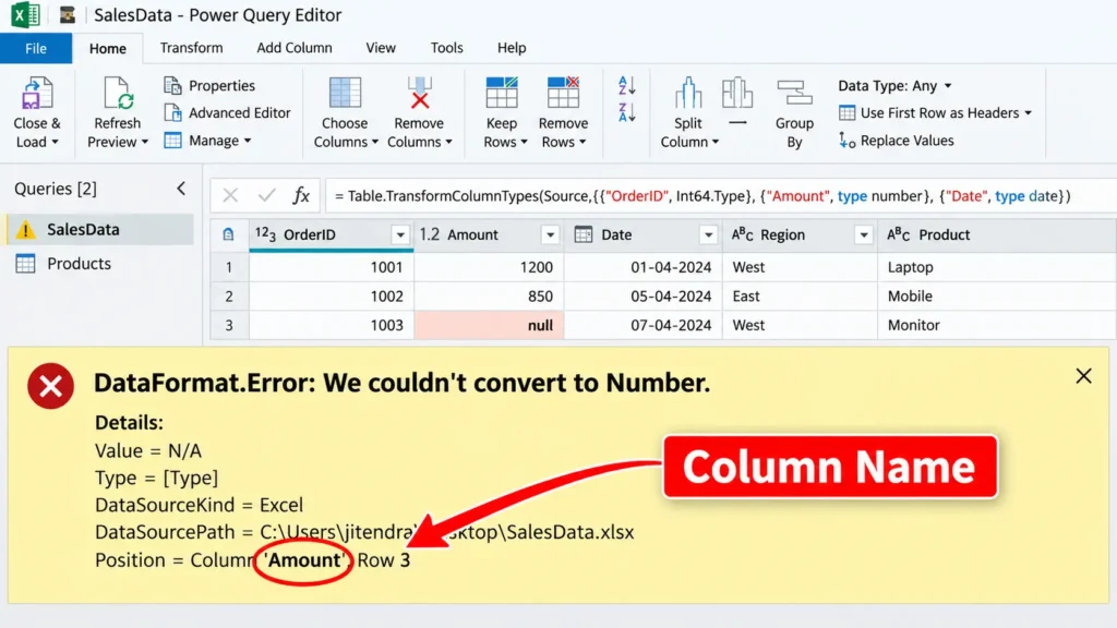 Ejemplo del error Expression.Error por columna no encontrada en Power Query